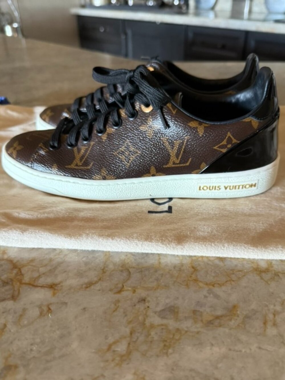 LV Frontrow Size 36 Brown Monogram Canvas and Patent Leather Lace Up Sneakers